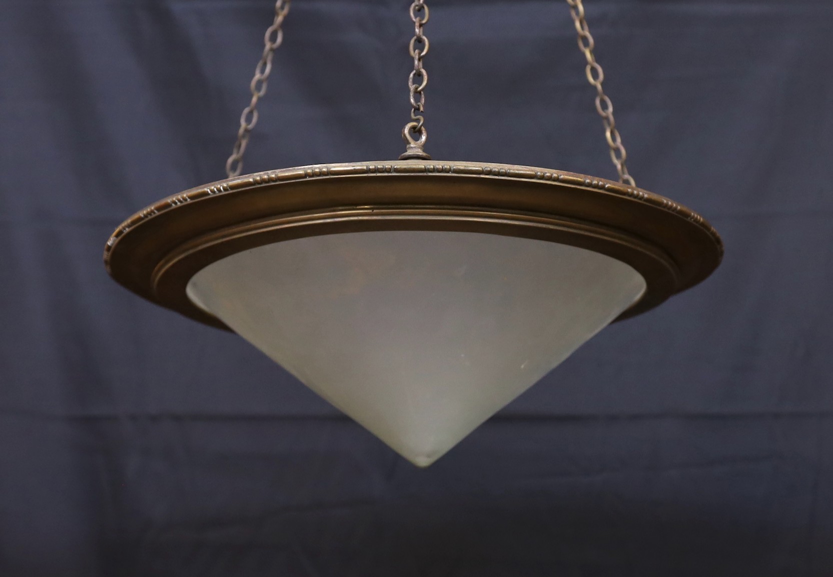 A 1920s-30s French bronze mounted frosted glass light bowl, diameter 43cm